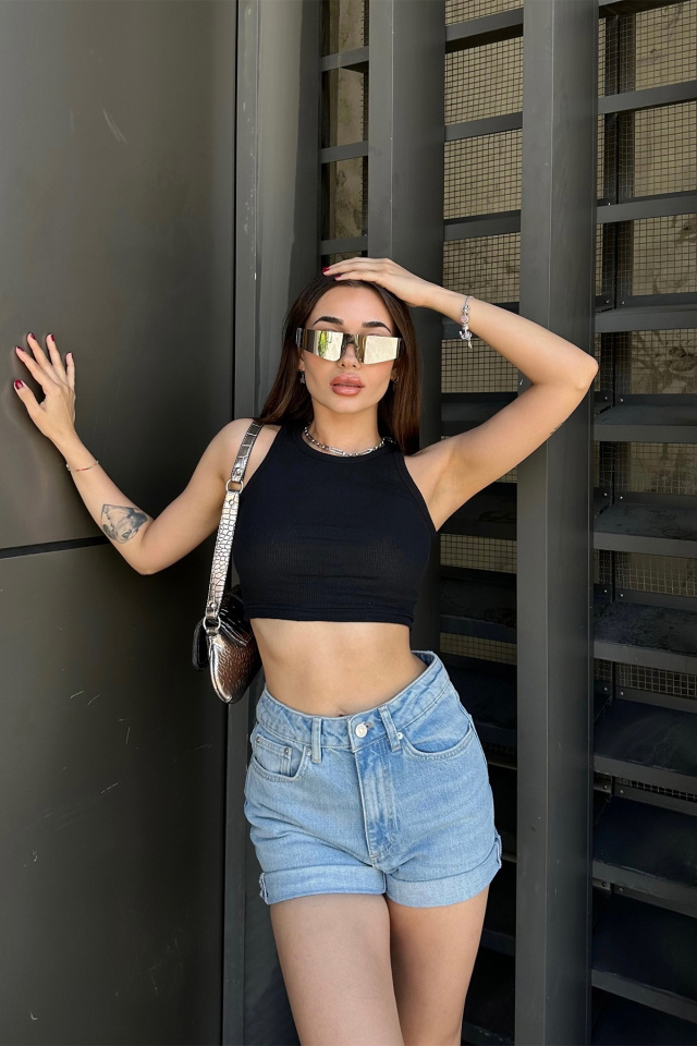 Buz Mavisi Yüksek Bel Denim Şort ATE7148 - 3