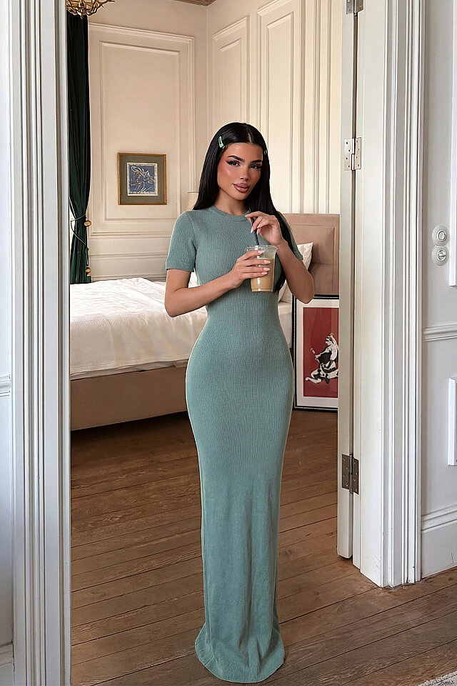 Çağla Yeşili Triko Uzun Elbise ATE-5562 - 1