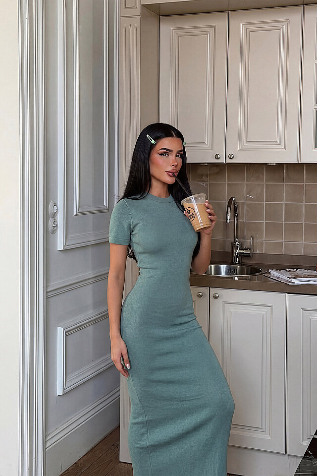Çağla Yeşili Triko Uzun Elbise ATE-5562 - 2