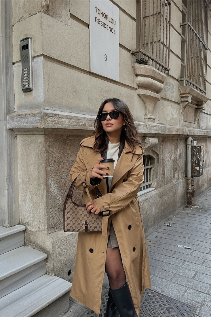 Camel Kolları Kemerli Trenckot ATE1997 - EYYO TOPTAN