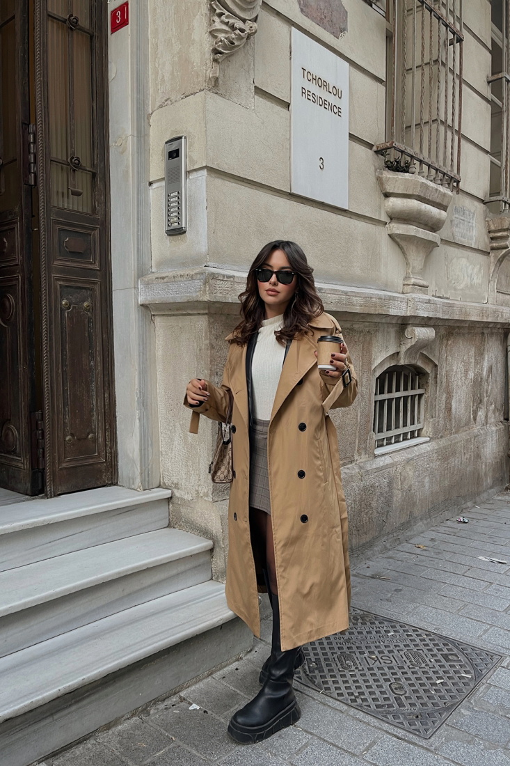 Camel Kolları Kemerli Trenckot ATE1997 - EYYO TOPTAN