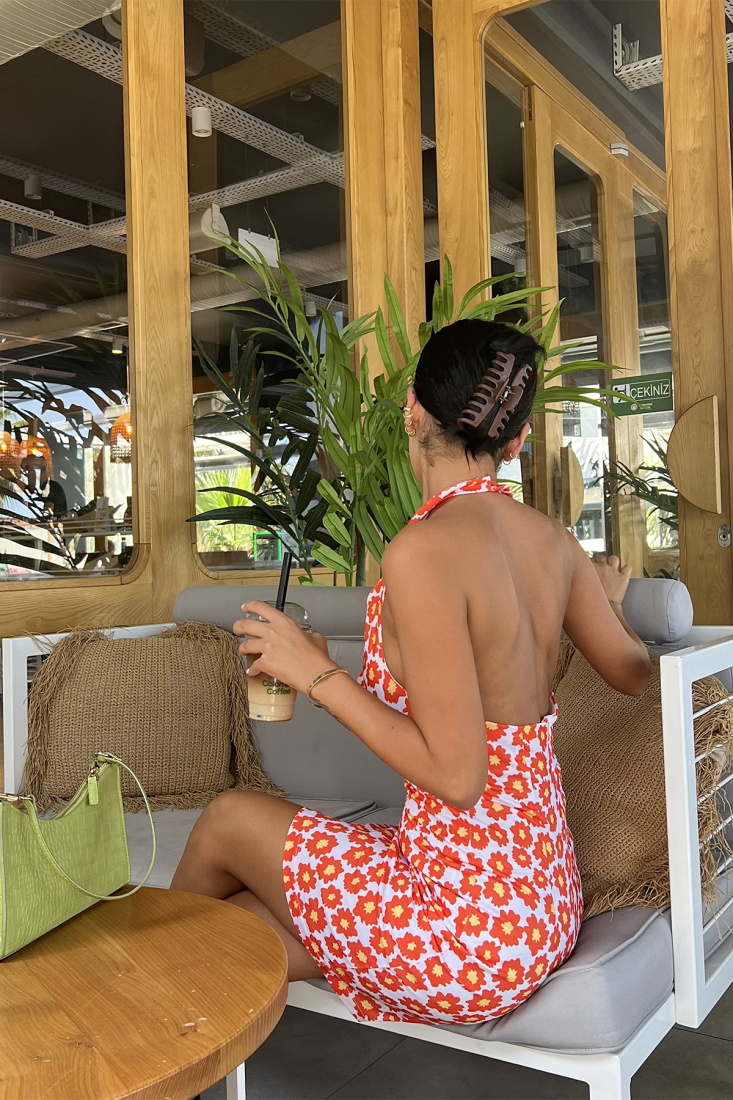 Çiçek Desen Halter Yaka Mini Elbise ATE1956 - DEPPOT