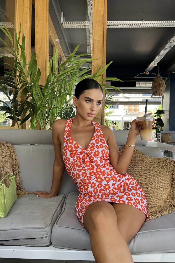 Çiçek Desen Halter Yaka Mini Elbise ATE1956 - DEPPOT