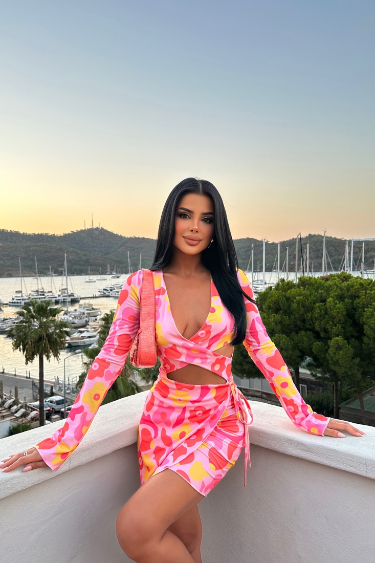 Çiçek Desen Pencere Detay Elbise ATE8131 - EYYO