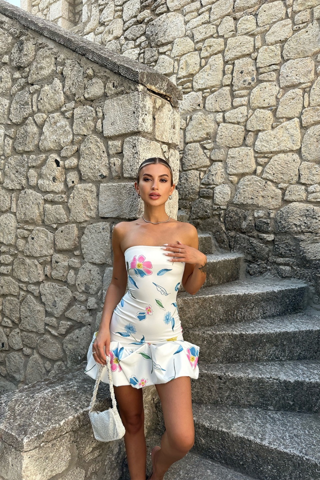 Çiçek Desen Pileli Straplez Elbise ATE7577 - 3