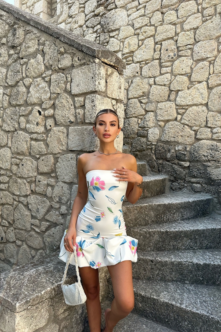 Çiçek Desen Pileli Straplez Elbise ATE7577 - EYYO