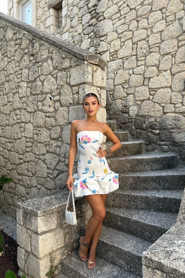 Çiçek Desen Pileli Straplez Elbise ATE7577 - 5