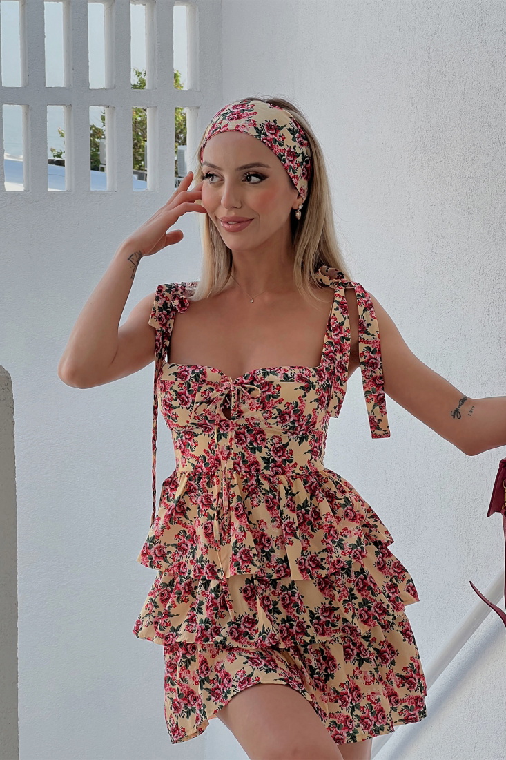 Lotus Çiçek Desenli Askılı Elbise ATE71 - EYYO