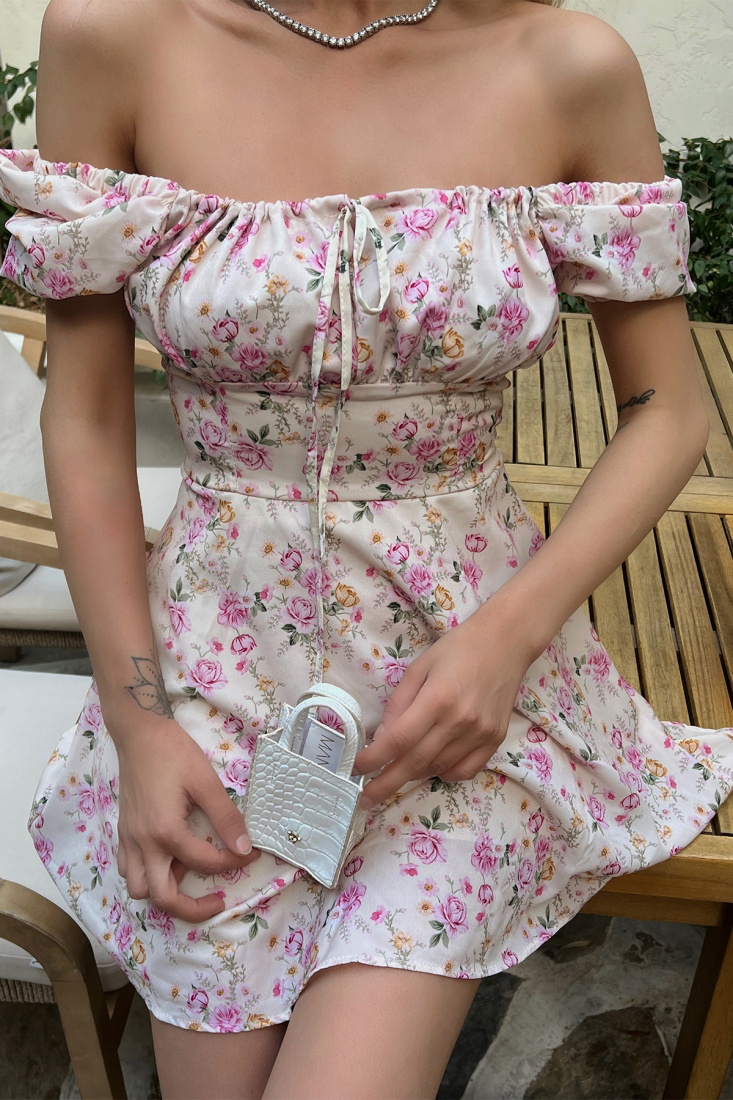 Çiçekli Önden Bağlamalı Mini Elbise ATE1577 - ETİKA