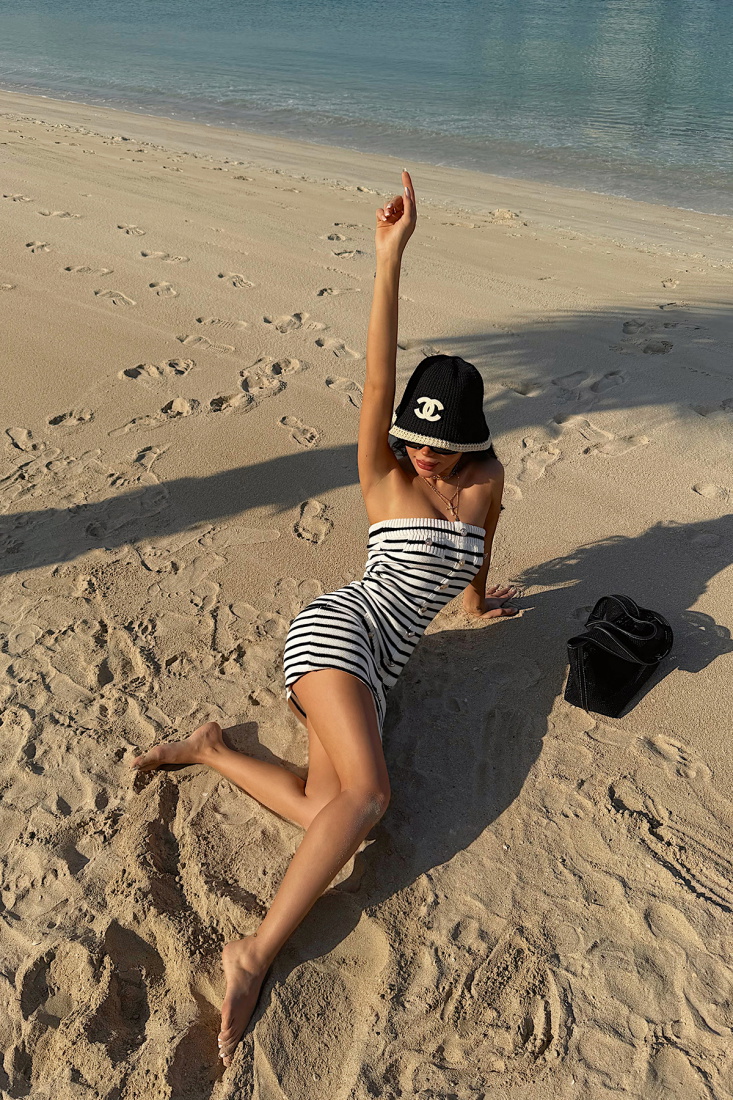 Çift Renk Straplez Çizgili Mini Elbise ATE-4927 - EYYO