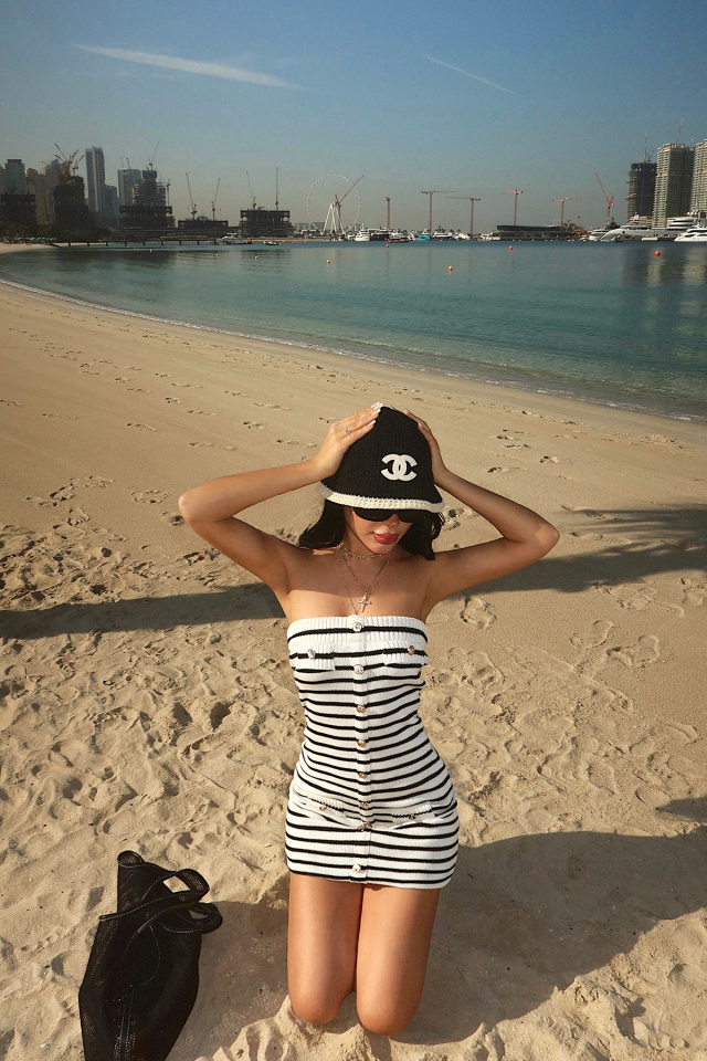 Çift Renk Straplez Çizgili Mini Elbise ATE-4927 - 4