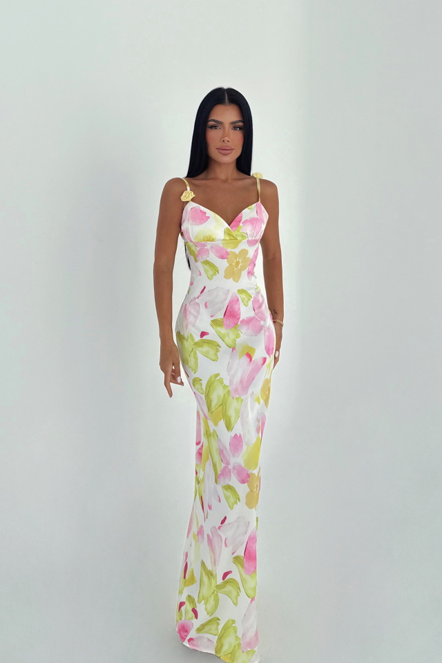 Çok Renkli Chyler Uzun Çiçek Desenli Elbise ATE-3369 - 2