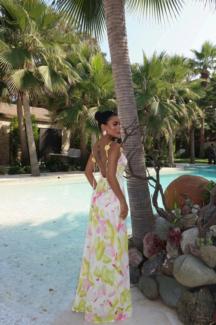 Çok Renkli Chyler Uzun Çiçek Desenli Elbise ATE-3369 - EYYO