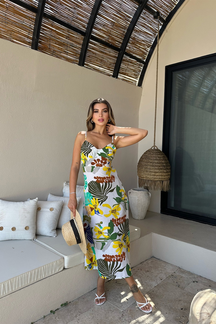 Çok Renkli Askılı Uzun Elbise ATE7471 - EYYO