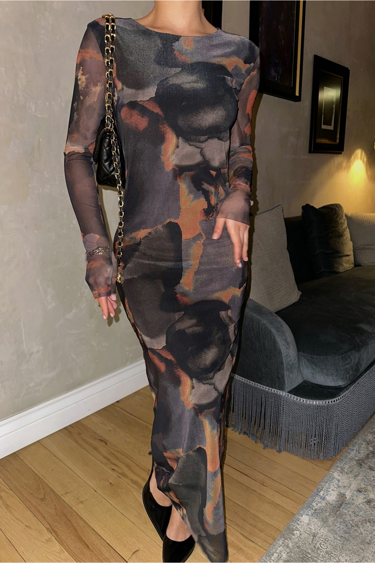 Çok Renkli Batik Desen Tül Elbise ATE8720 - EYYO