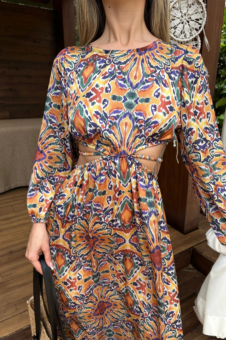 Çok Renkli Etnik Desen Uzun Elbise ATE6639 - EYYO