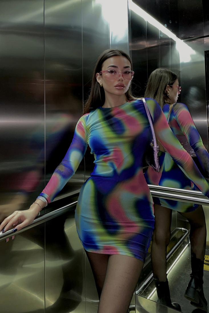 Çok Renkli Sırt Detay Mini Elbise ATE3452 - EYYO