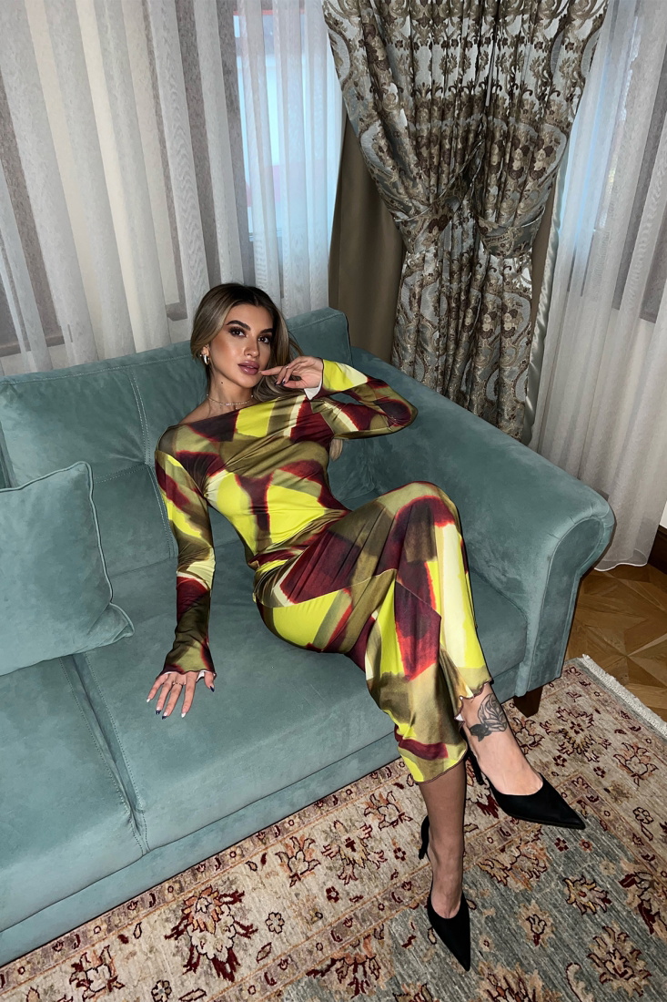 Çok Renkli Sırt Detay Uzun Elbise ATE3782 - EYYO