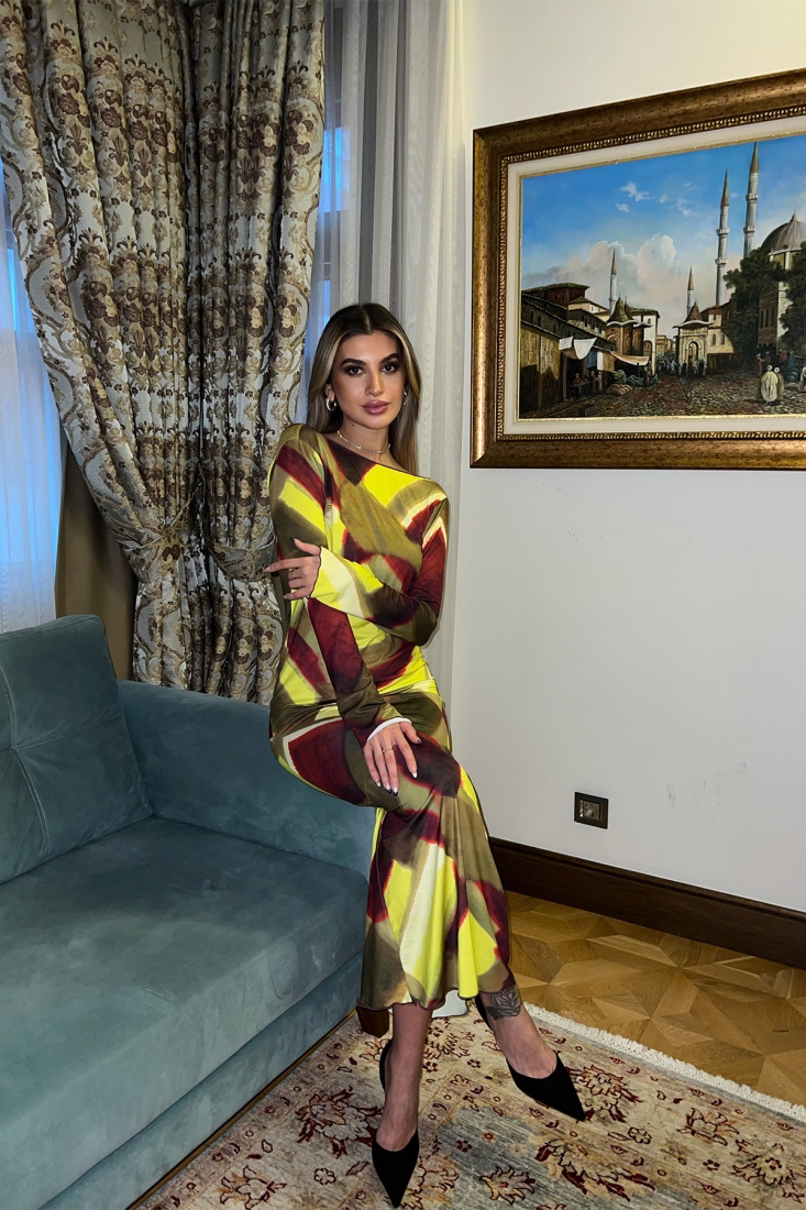 Çok Renkli Sırt Detay Uzun Elbise ATE3782 - EYYO