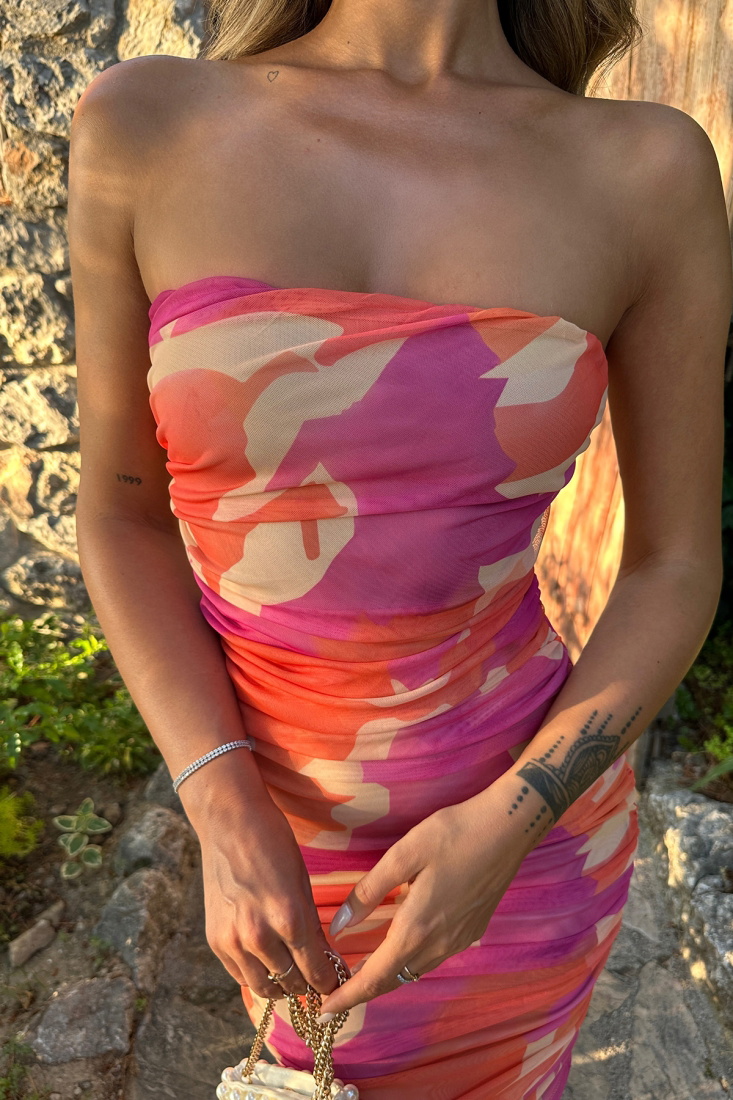 Çok Renkli Straplez Mini Elbise ATE7276 - EYYO