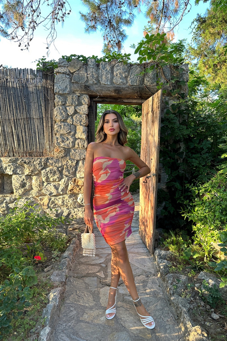 Çok Renkli Straplez Mini Elbise ATE7276 - EYYO