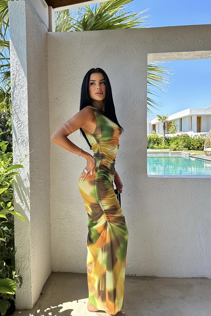 Çok Renkli Tül Uzun Elbise ATE7903 - EYYO