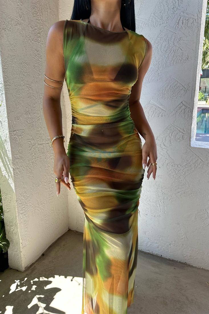 Çok Renkli Tül Uzun Elbise ATE7903 - EYYO