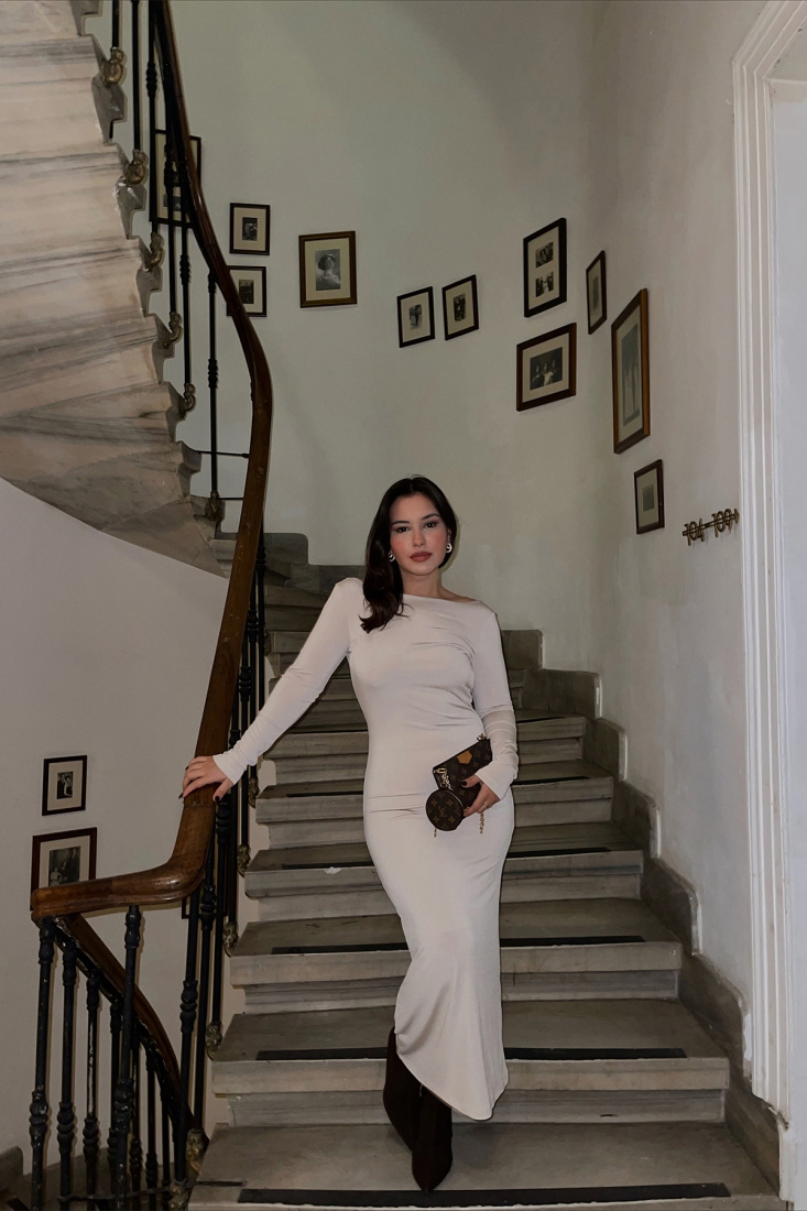 Cream Back Detail Long Dress ATE3004 - EYYO