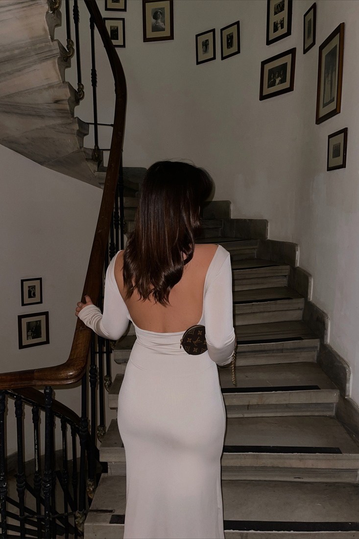 Cream Back Detail Long Dress ATE3004 - EYYO