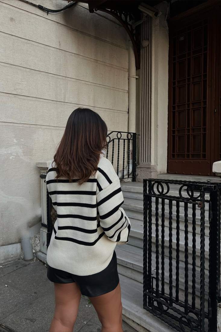 Cream-Black Lined Sweater ATE2236 - EYYO