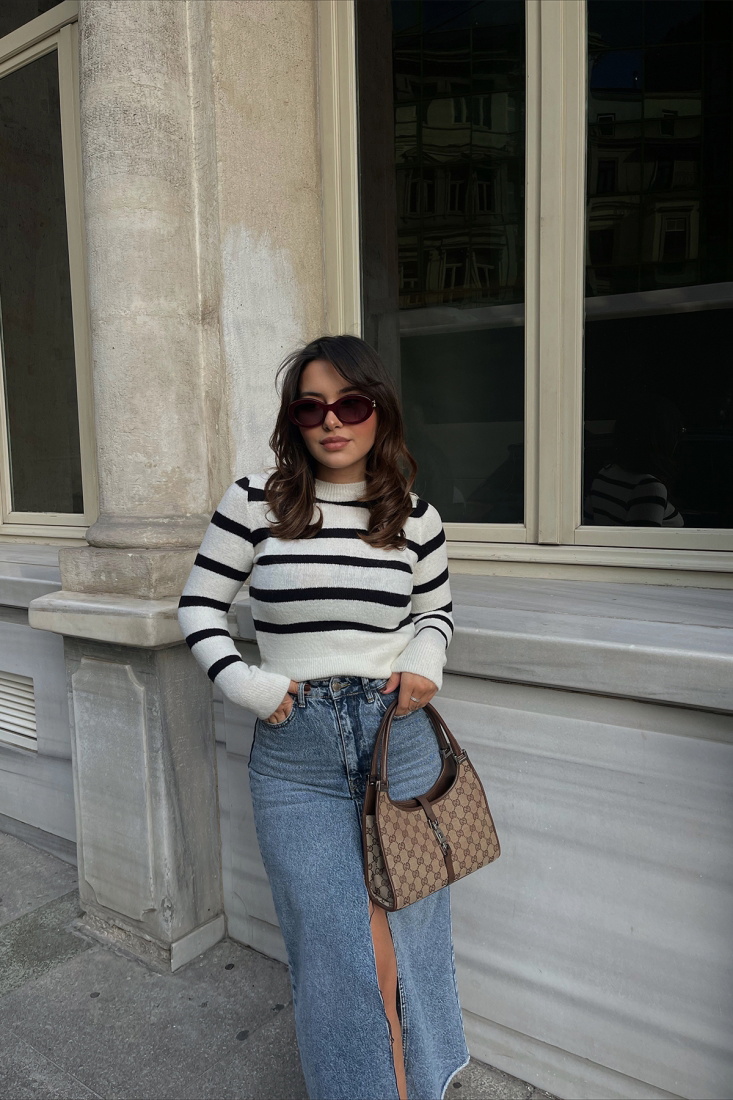 Cream-Black Lined Sweater ATE2383 - EYYO