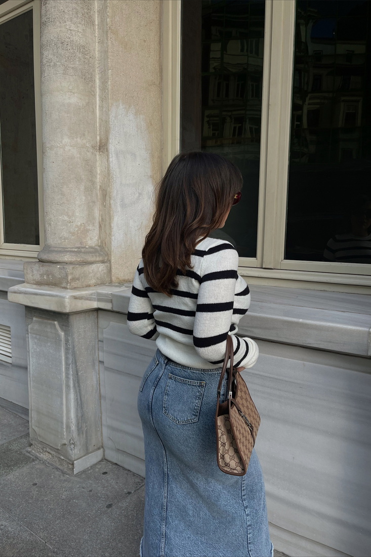 Cream-Black Lined Sweater ATE2383 - EYYO