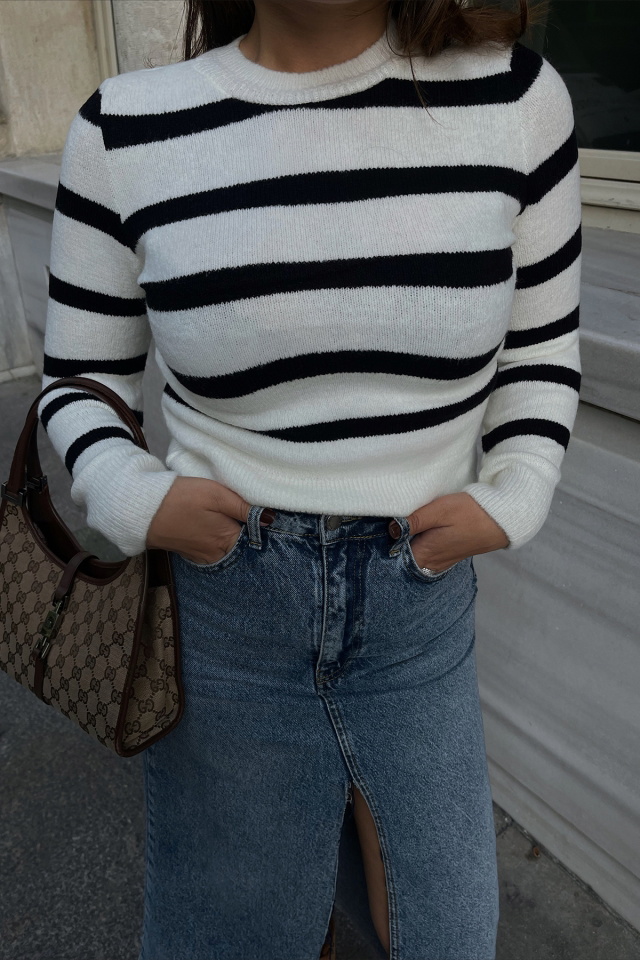 Cream-Black Lined Sweater ATE2383 - 2