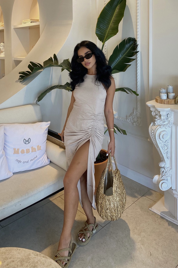 Cream Deep Slit Dress ATE1887 - LEVENT