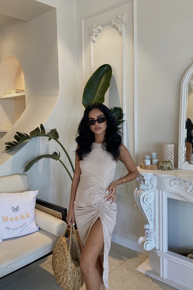 Cream Deep Slit Dress ATE1887 - LEVENT