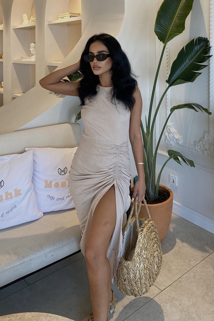 Cream Deep Slit Dress ATE1887 - LEVENT