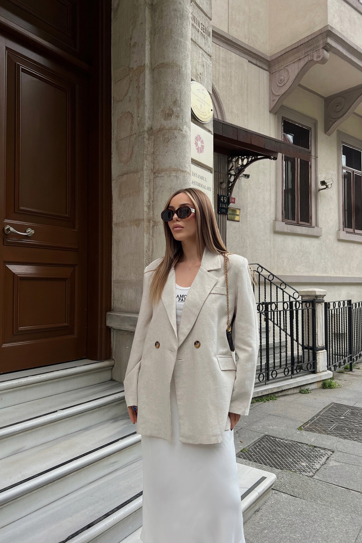 Cream Double Breasted Collar Jacket ATE5261 - EYYO