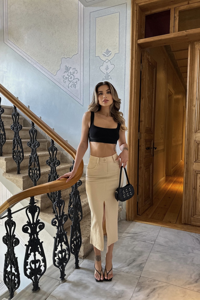 Cream Front Slit Skirt ATE6320 
