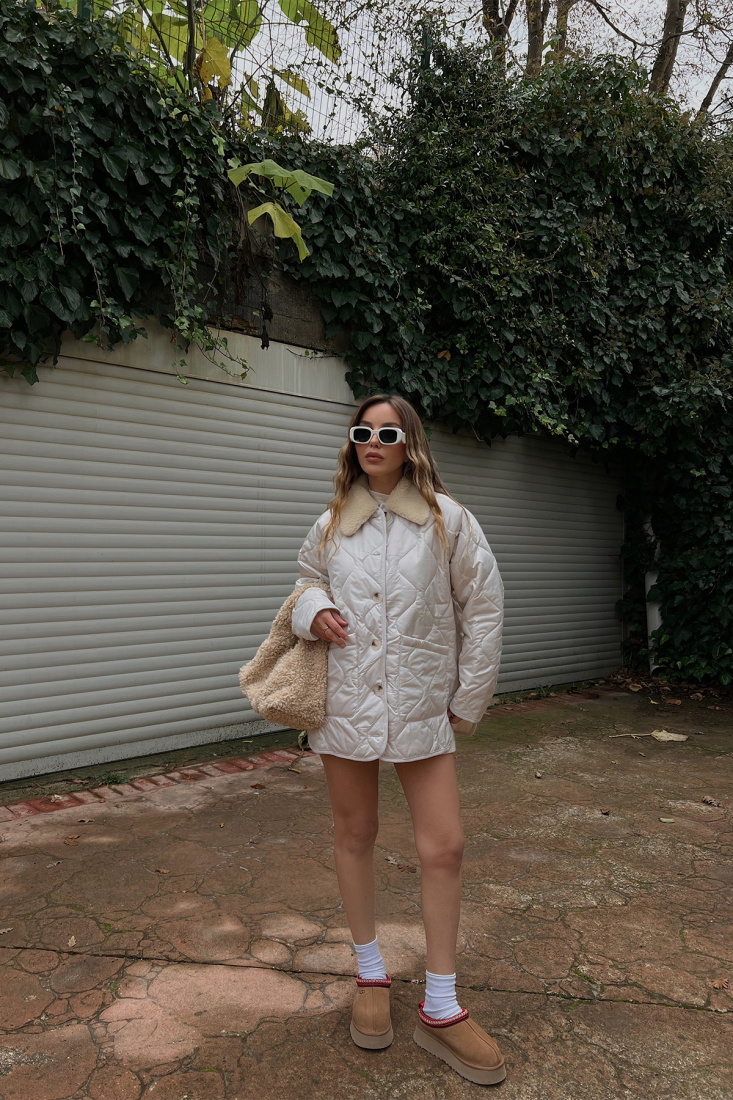 Cream Fur Detail Quilty Coat ATE2647 - EYYO