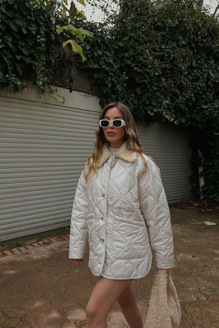 Cream Fur Detail Quilty Coat ATE2647 - EYYO