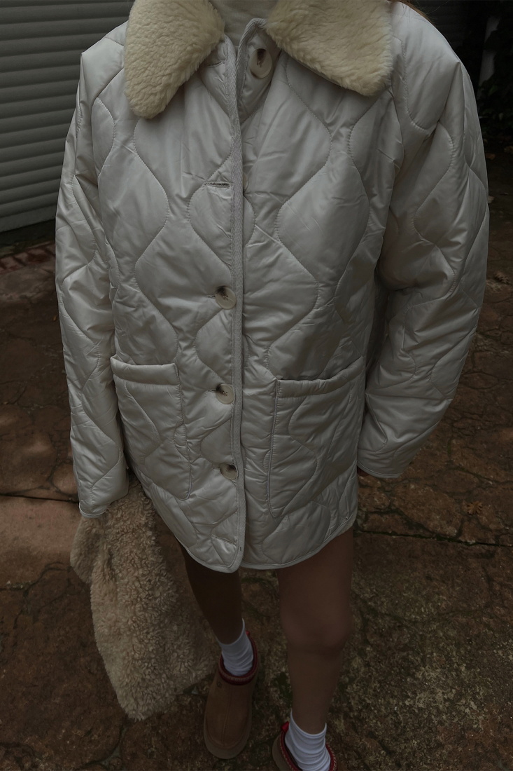 Cream Fur Detail Quilty Coat ATE2647 - EYYO