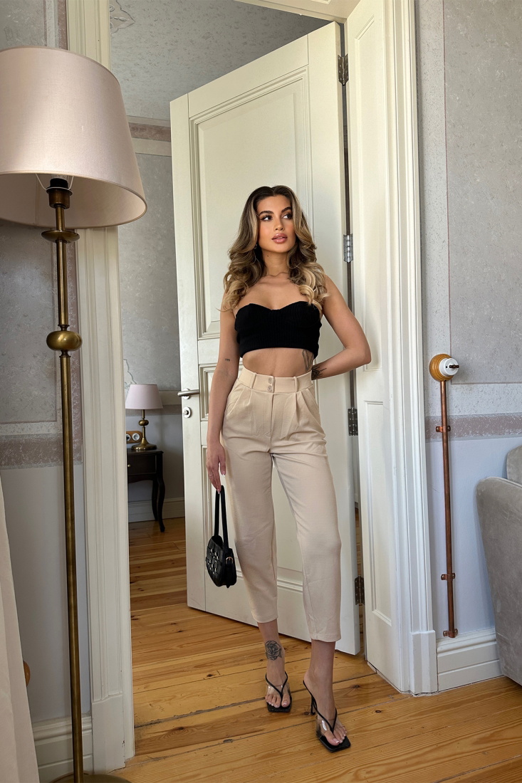 Cream High Waist Mom Pants ATE6290 - EYYO