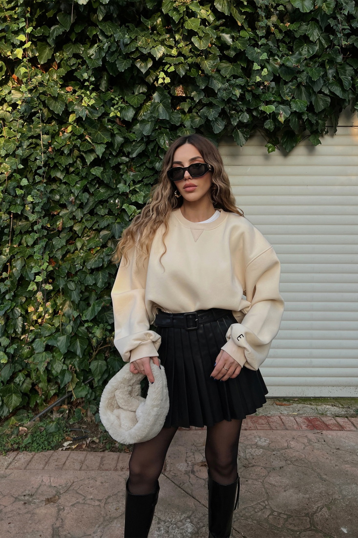 Cream Oversize Basic Sweat ATE3167 - EYYO