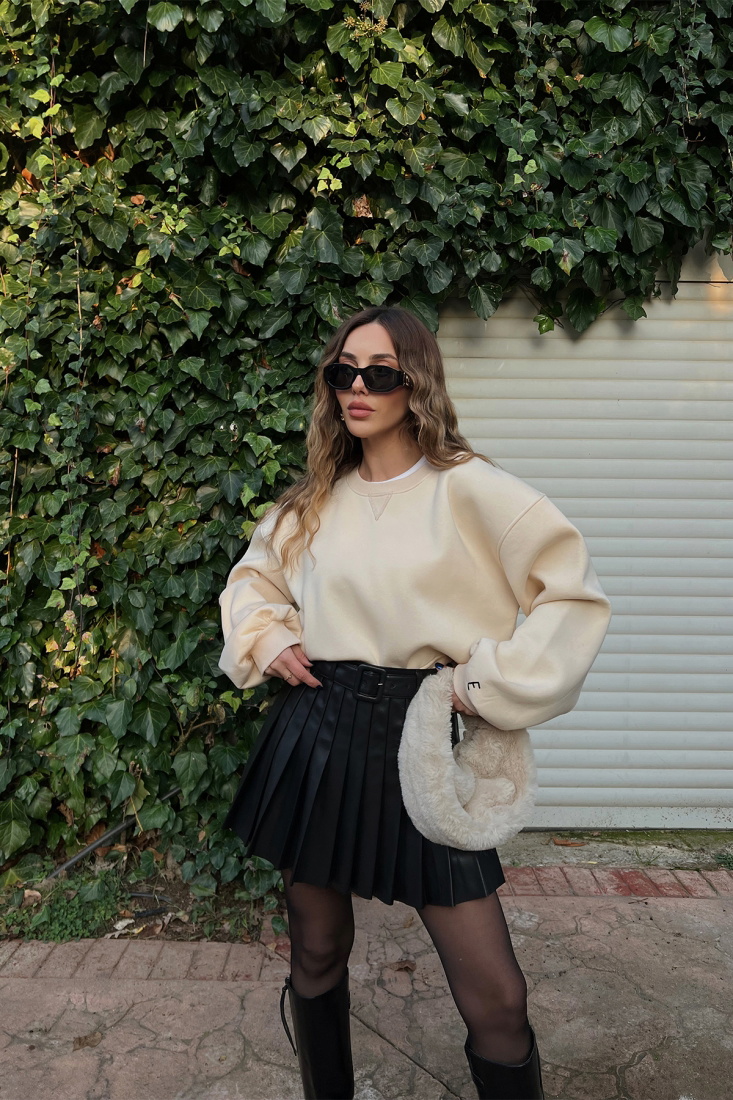 Cream Oversize Basic Sweat ATE3167 - EYYO