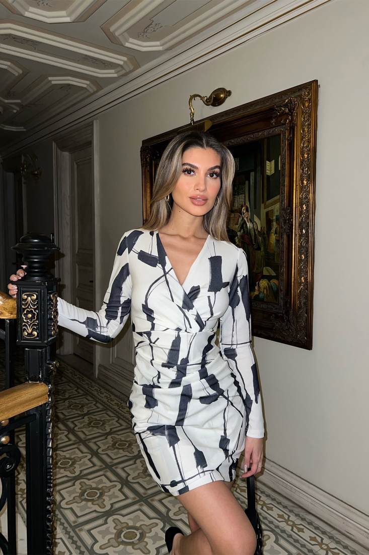 Cream V Collar Mini Dress ATE4301 - EYYO