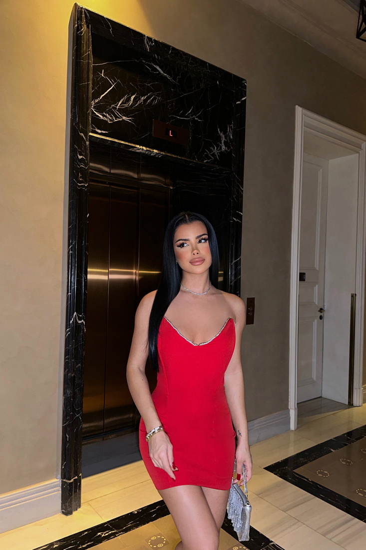 Daisy Kırmızı Taş Detay Straplez ElbiseATE-0764 - EYYO