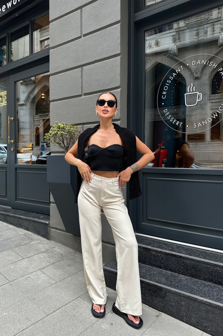 Ekru Yüksek Bel Pantolon ATE7107 - EYYO