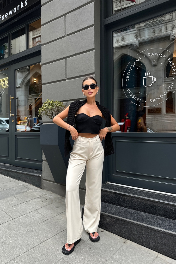 Ekru Yüksek Bel Pantolon ATE7107 - EYYO