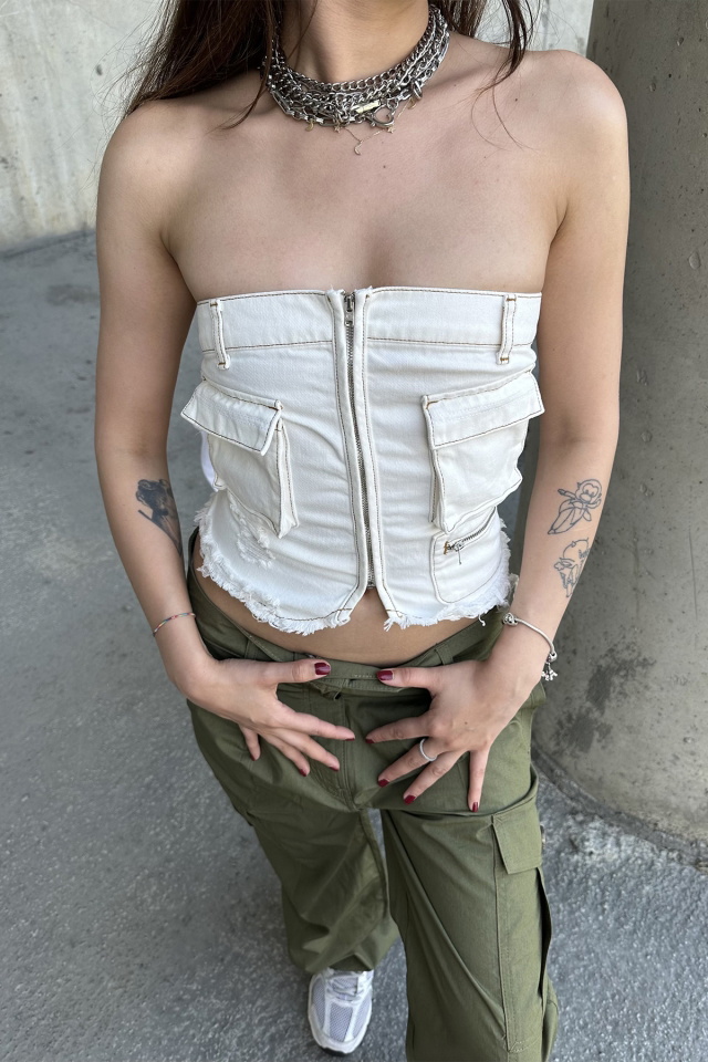 Fermuar Detay Cepli Jean Crop Top