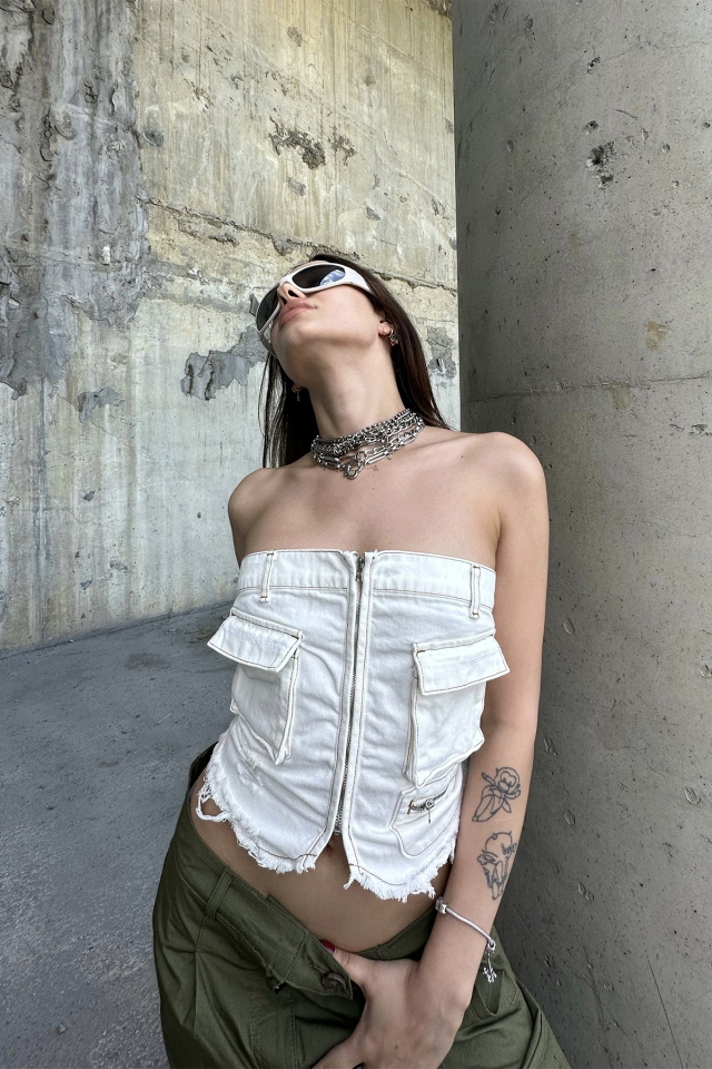 Fermuar Detay Cepli Jean Crop Top